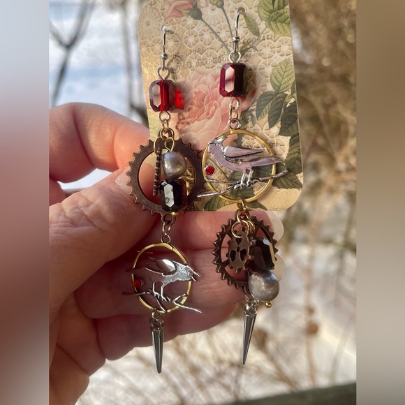 Goth Glam Red and Silver Bird Earrings - Picture 3 of 7
